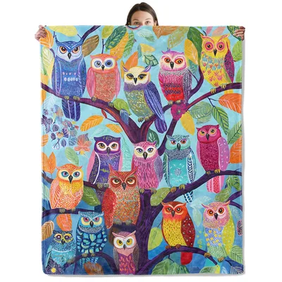 Colorful Owls on Branches Blanket: Vibrant Avian Art for Cozy Spaces