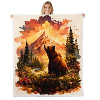 Bear in Sunset Mountains Blanket: Wild Bear and Mountain Art