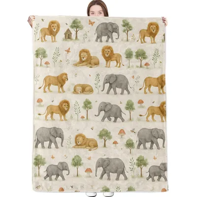 Lions and Elephants Pattern Blanket: Watercolor Safari Throw