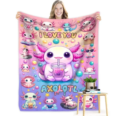 Axolotl I Love Blanket featuring a kawaii axolotl