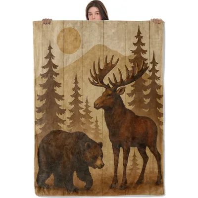 Moose and Bear Blanket: Rustic Forest Scene with Wildlife