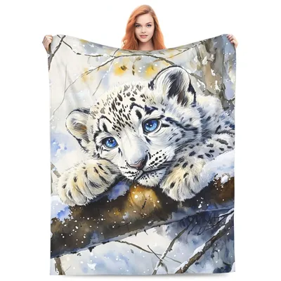 Snow Leopard Watercolor Painting Blanket: Cute Cub on Branch