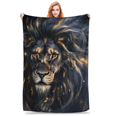 Majestic Lion Portrait Blanket: Dark Artistic Mane with Gold Accents