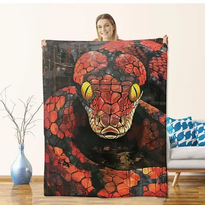 Red Serpent Eye Portrait Blanket featuring a vivid red snake head
