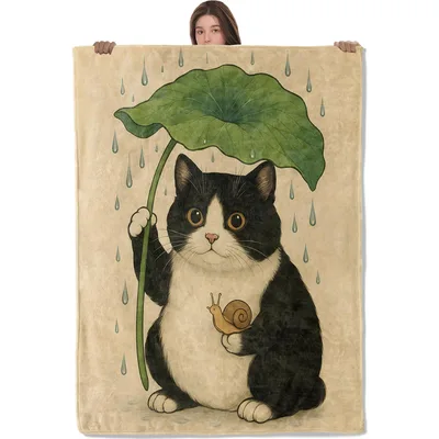 Cat Under Leaf Umbrella Blanket: Cute Cat Holding Leaf in Rain