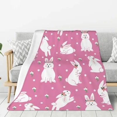 Pink Bunny Flower Pattern Blanket: Cute White Rabbits on Pink