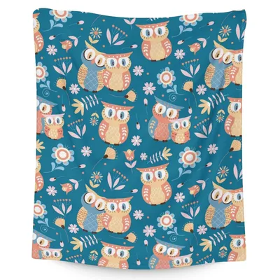 Owls Among Blue Flowers Blanket: Cute Owl Pattern with Floral Details