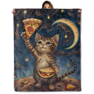 Cat Eating Pizza Blanket: Feline Astronaut with Pepperoni and Taco