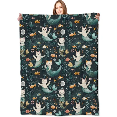Mermaid Cat Ocean Pattern Blanket for Feline and Fantasy Lovers