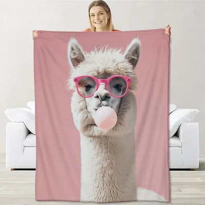 Llama Blowing Bubblegum Blanket: Cool Llama with Pink Glasses and Gum