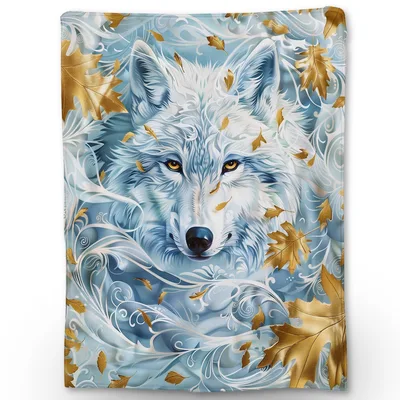 Wolf and Maple Leaves Blanket: A White Wolf with Golden Autumn Leaves