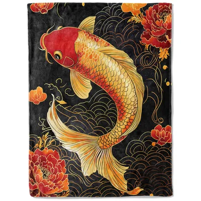 Koi Fish with Peonies Blanket: A Bold Asian-Inspired Throw Design