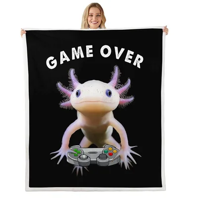 Game Over Blanket Featuring a Gamer Axolotl with Controller