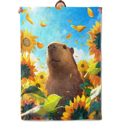 Capybara Sunflower Field Blanket: A Calm Rodent Among Bright Blooms