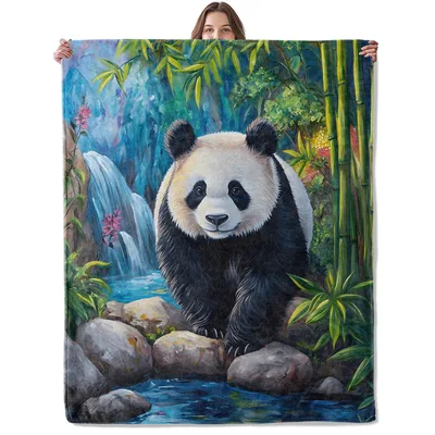Giant Panda by Waterfall Blanket: Serene Forest Art for Cozy Spaces