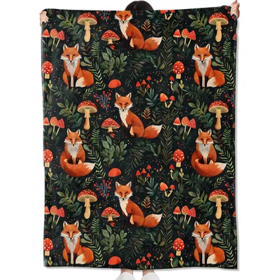 Fox and Mushroom Forest Blanket: Woodland Fox Pattern Throw