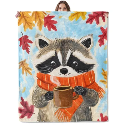 Autumn Raccoon with Coffee Blanket: Cozy Fall Raccoon Holding Mug