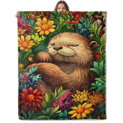 Sleeping Lion Among Colorful Blanket: Cozy Otter in a Flower Garden