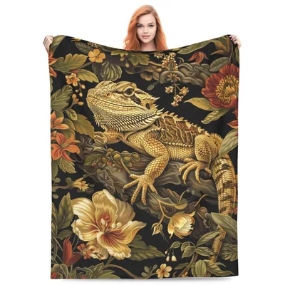 Bearded Dragon Botanical Pattern Blanket: Vintage Lizard Floral Throw