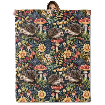 Hedgehogs Among Mushrooms Blanket: Spiny Friends in a Forest Print