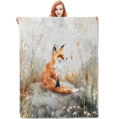 Fox Sitting in Meadow Blanket: A Red Fox Art Print for Nature Lovers