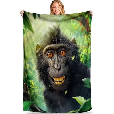 Cute Monkey in Jungle Blanket: A Smiling Primate in Green Foliage