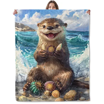 Cute Otter on Beach Blanket: Happy Sea Creature with Shells