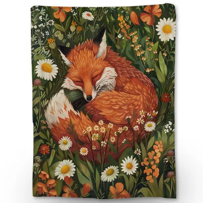 Sleeping Fox Among Daisies Blanket features a resting red