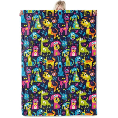 Neon Cartoon Dogs Blanket: Bright Puppies and Cats on Dark Blue
