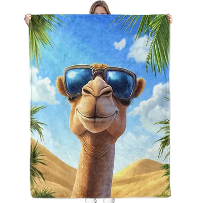 Cool Camel Wearing Sunglasses Blanket: A Chill Desert Portrait