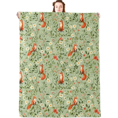 Foxes and Wildflowers Pattern Blanket features red foxes