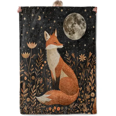 Fox Under Moon and Stars Blanket: Cozy Nighttime Fox Art