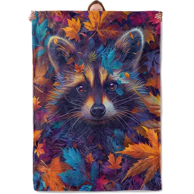 Colorful Raccoon in Autumn Blanket: Vibrant Fall Leaves Art Design