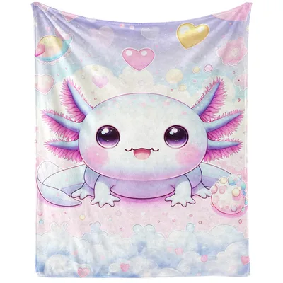 Cute Axolotl Pastel Hearts Blanket: Soft Watercolor Amphibian Design