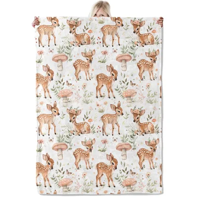 Cute Deer Fawns Blanket: Woodland Fawn and Mushroom Print Throw