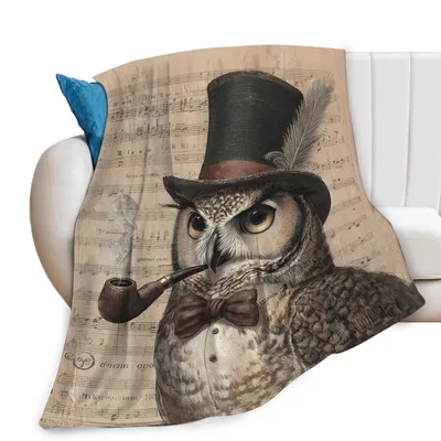 Vintage Owl with Top Hat Blanket: Dapper Bird on Sheet Music