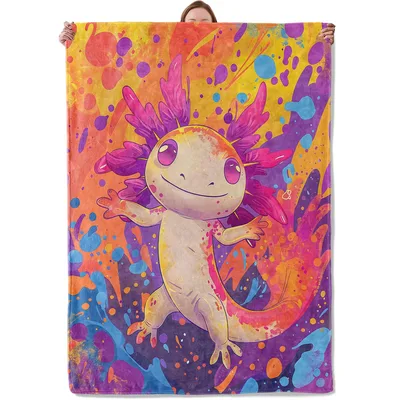 Colorful Painted Axolotl Art Blanket: Vibrant Cartoon Creature Design