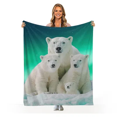 Polar Bear Family Northern Blanket: Arctic Bears Under Green Lights
