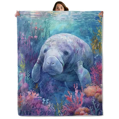 Manatee Underwater Coral Reef Blanket: Gentle Sea Giant Design