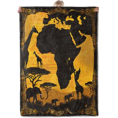 African Safari Animals Silhouette Blanket: Map and Wildlife Design