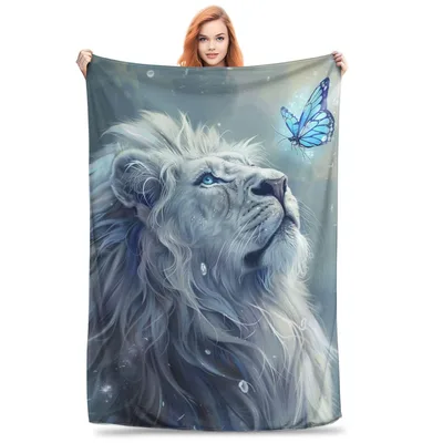 White Lion with Butterfly Blanket: A Mystical Print for Fantasy Lovers