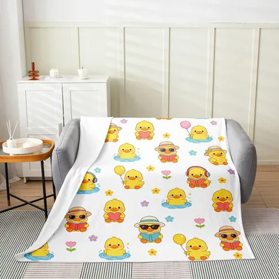 Yellow Ducks Cartoon Pattern Blanket: Kawaii Duck Art for Cozy Rooms
