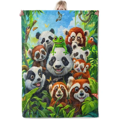 Jungle Animal Friends Group Blanket featuring cute pandas