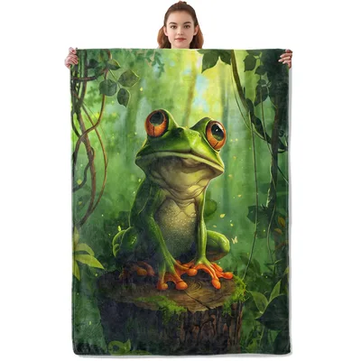 Cute Frog in Forest Blanket: A Green Amphibian on a Mossy Stump
