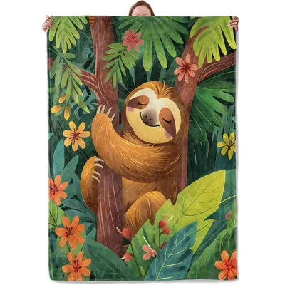 Sloth in Tropical Jungle Blanket: A Peaceful Sloth Hugging a Tree