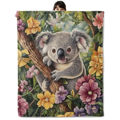 Cute Koala in Floral Blanket: A Cozy Tree-Hugging Design