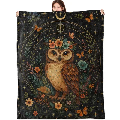 Mystical Owl with Flowers Blanket featuring a crowned owl