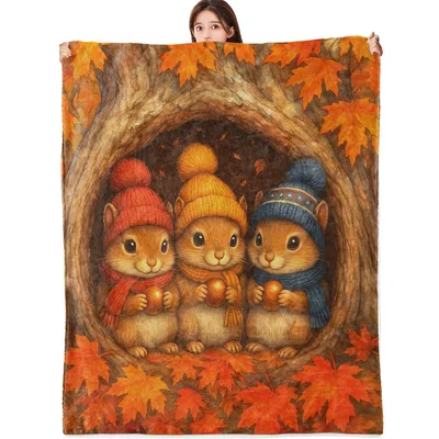 Three Squirrels in Autumn Blanket: Cozy Tree Hollow Design