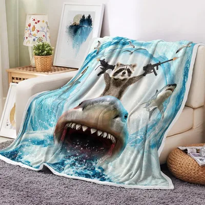Raccoon Riding Shark Ocean Blanket: Armadillo Action on the Waves