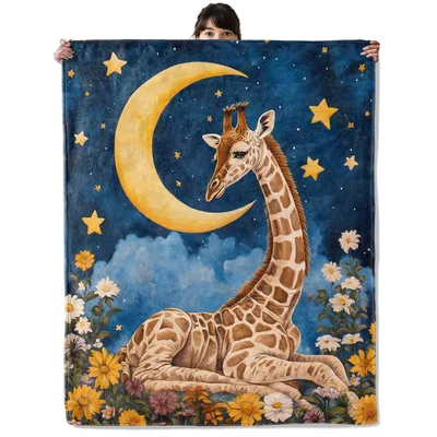 Giraffe Under Crescent Moon Blanket